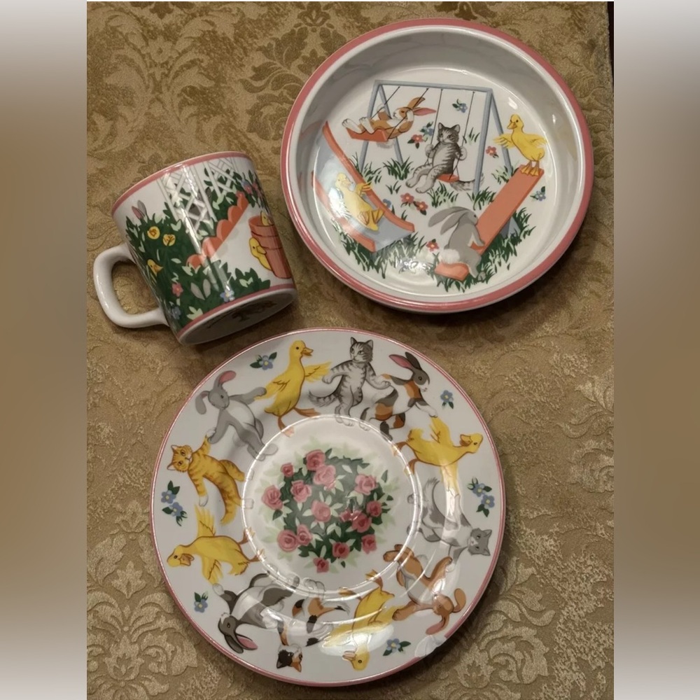 Tiffany co Playground 3 piece childs set bowl cup plate 1992 bunnies kittens
